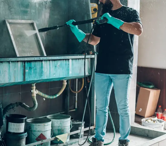 male-worker-cleaning-screen-frame-with water